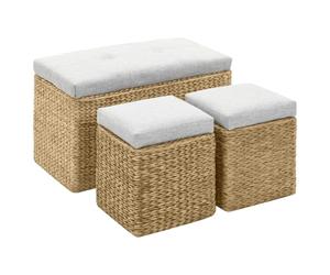 QUAHEAS Banc avec 2 ottomans en jonc de mer gris rembourré avec espace de rangement 75 x 38 x 46 cm Banc rembourré et tabouret pour couloir, chambre à coucher, salon, peu encombrant et polyvalent
