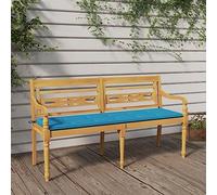 QUAHEAS Banc de jardin Batavia de 150 cm en teck massif, robuste et résistant aux intempéries pour l'extérieur, la terrasse et le jardin. Assise confortable avec coussin bleu pour une assise détendue
