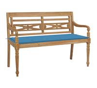 QUAHEAS Batavia Banc de jardin 120 cm en teck massif robuste pour terrasse, siège confortable avec coussin bleu, idéal pour l'extérieur.