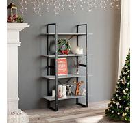 QUAHEAS Bibliothèque à 4 compartiments, gris béton, 80 x 30 x 140 cm, matériau du bois, rangement polyvalent pour livres, magazines, décoration, idéale pour le salon, la chambre à coucher, le bureau