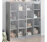 QUAHEAS Bibliothèque avec portes, en bois gris béton, 136 x 37 x 142 cm, avec 16 compartiments, espace de rangement et portes en verre, buffet moderne, pour salon et salle à manger