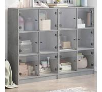 QUAHEAS Bibliothèque avec portes gris béton en bois 136 x 37 x 109 cm, 12 compartiments, espace de rangement pour livres et décoration, buffet moderne, buffet pour salon et salle à manger