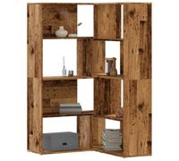 QUAHEAS Bibliothèque d'angle à 4 étages, aspect bois vieilli, 85 x 85 x 140 cm, en matériau dérivé du bois, organisateur polyvalent pour livres, décoration et plantes, idéale pour le salon et le