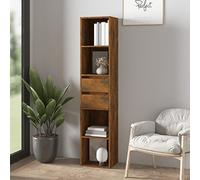 QUAHEAS Bibliothèque en chêne fumé 36 x 30 x 171 cm - En bois de hêtre fumé - Rangement pour salon, chambre ou bureau - Étagère moderne avec 4 compartiments et 2 tiroirs - Organiseur polyvalent pour