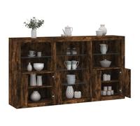 QUAHEAS Buffet avec lumières LED en bois de chêne fumé, 181,5 x 37 x 100 cm, buffet en 3 parties avec espace de rangement, port USB, buffet moderne pour salon et salle à manger