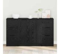 QUAHEAS Buffet noir aspect chêne avec 3 parties 121 x 30 x 70 cm, 6 tiroirs, 2 portes affleurantes, buffet moderne avec espace de rangement pour salle à manger et salon
