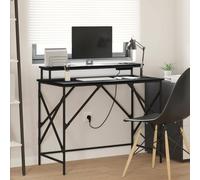 QUAHEAS Bureau moderne en chêne noir, 100 x 50 x 86,5 cm, en bois dérivé du bois, avec LED et prise, pour la maison, le bureau, le studio