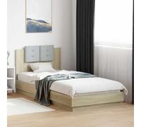 QUAHEAS Cadre de lit avec tête de lit, chêne Sonoma, 90 x 200 cm, matériau dérivé du bois pour chambre à coucher, sommier à lattes, coussin confortable, design durable