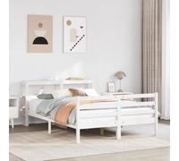 QUAHEAS Cadre de lit Blanc 150x200 cm avec tête de lit en Bois Massif, Support Stable pour Chambre Adulte ou Enfant, avec rangements intégrés, Structure Plateforme Robuste