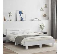 QUAHEAS Cadre de lit Blanc avec LED en Bois d'ingénierie 152 x 203 cm, Structure Robuste à Lattes, Compatible Matelas Adulte Enfant, Design Moderne pour Chambre Studio Appartement
