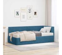 QUAHEAS Cadre de lit d'angle avec Matelas en Velours Bleu pour Chambre Adulte ou Enfant, Support Solide avec Plateforme à Lattes, tête Murale, Dimensions 194x94x72 cm, Facile à Assembler