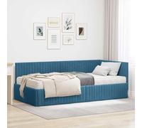 QUAHEAS Cadre de lit d'angle en Velours Bleu avec Matelas 2 pièces Support Plateforme Solide, Design Moderne pour Chambre Adulte ou Enfant, Facile à Assembler et à Entretenir