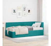QUAHEAS Cadre de lit d'angle en Velours Turquoise avec Matelas 90x190 cm, sommier à Lattes Solide, tête de lit capitonnée, Structure Plateforme Confortable pour Chambre Adulte ou Enfant