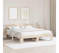 QUAHEAS Cadre de lit en pin naturel 200 x 200 cm, cadre de lit en bois massif avec tête de lit, stable, moderne, durable, pour chambre à coucher, lit impérial