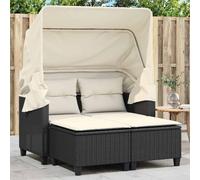 QUAHEAS Canapé de jardin 2 places avec toit extensible, en polyrotin noir, avec 2 tabourets, résistant aux UV, idéal pour terrasse et balcon, coussins confortables