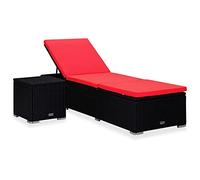 QUAHEAS Chaise longue avec coussin, table basse, en polyrotin, rouge, réglable, 195 x 60 x 31 cm, résistante aux intempéries, pour jardin, piscine, terrasse, balcon, chaise longue détendue