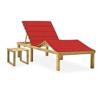 QUAHEAS Chaise longue de jardin, en pin imprégné, réglable, avec table et coussin rouge, 200 x 70 cm, pour l'extérieur et la piscine, longue durée de vie