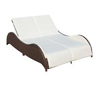 QUAHEAS Chaise longue double en polyrotin, marron, 200 x 132 x 45 cm, réglable, pour jardin et terrasse, avec coussin blanc crème, imperméable et résistant