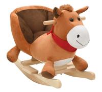 QUAHEAS Cheval à bascule avec dossier en peluche et base en bois, 60 x 32 x 50 cm, marron, pour enfants à partir de 12 mois, avec poignée, sangle et base stable