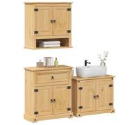QUAHEAS Corona Ensemble de 3 meubles de salle de bain en pin massif finition cire miel, 73 x 33 x 60 cm, meuble sous lavabo, armoire murale, style rustique pour salle de bain