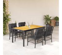 QUAHEAS Ensemble à Manger de Jardin 5 pièces résine tressée Noire avec Coussins Amovibles Housse Lavable Table Bois d'acacia 150x90x75 cm chaises Acier Enduit de Poudre idéal terrasse Balcon Patio