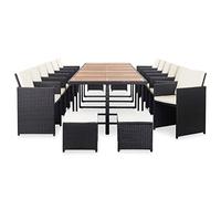 QUAHEAS Ensemble à Manger d'extérieur 17 pcs avec Coussins en rotin Noir résine tressée Acier métal Table Bois Chaise modulable encastrable pour terrasse Patio véranda Repas détente