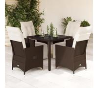 QUAHEAS Ensemble bistro de jardin 5 pièces en polyrotin marron avec coussins, fauteuils de relaxation réglables, table en verre 90 x 90 cm, résistant aux UV, pour balcon et terrasse
