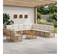 QUAHEAS Ensemble canapé d'extérieur modulable 12 pièces Blanc Naturel crème avec Coussins résistants, Table en Acacia, Design encastrable pour terrasse Patio Jardin Balcon détente Repas