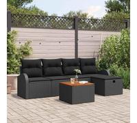 QUAHEAS Ensemble canapé Jardin 6 pcs Noir Poly rotin modulable avec Coussins, Table Bois Acacia, résistant extérieur Patio terrasse Balcon, léger Rangement encastrable pour Repas détente