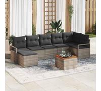 QUAHEAS Ensemble canapé Jardin modulable 8 pièces Gris polyrotin avec Coussins, Table et Pouf pour terrasse extérieur Patio Balcon, Design résistant tressé Bois métal idéal Repas détente Lounge
