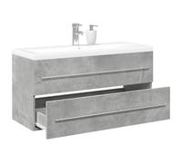 QUAHEAS Ensemble de 2 meubles de salle de bain en bois gris béton, 100 cm de large, montage mural, avec lavabo en céramique, grand espace de rangement pour salle de bain