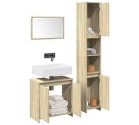 QUAHEAS Ensemble de 3 meubles de salle de bain en bois de chêne Sonoma, armoire haute, miroir et lavabo, résistant à l'humidité, design moderne, espace de rangement pratique pour salle de bain