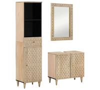 QUAHEAS Ensemble de 3 meubles de salle de bain en bois massif de mangue, blanchi, sculpté à la main, 62 x 33 x 58 cm, meuble bas, armoire de salle de bain, miroir, bois dur robuste, pour salle de bain