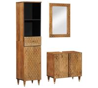 QUAHEAS Ensemble de 3 meubles de salle de bain en bois massif mangue, marron miel, sculpté à la main, 62 x 33 x 58 cm, pour salle de bain, avec meuble sous lavabo, armoire à miroir