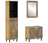 QUAHEAS Ensemble de 3 meubles de salle de bain en bois massif mangue, sculpté à la main, 62 x 33 x 58 cm, meuble sous lavabo, armoire de salle de bain, miroir, finition naturelle, robuste, pour salle