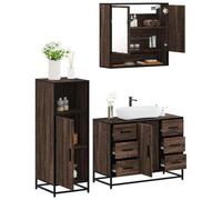 QUAHEAS Ensemble de 3 meubles de salle de bain marron aspect chêne aspect bois, armoire miroir de salle de bain, armoire de lavabo, armoire pour salle de bain, robuste, facile d'entretien