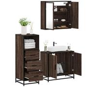 QUAHEAS Ensemble de 3 meubles de salle de bain marron aspect chêne bois métal pour salle de bain, meuble sous vasque, armoire à miroir, armoire haute, stable, durable, facile d'entretien