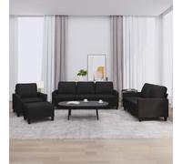 QUAHEAS Ensemble de 4 canapés avec coussin, en cuir synthétique noir, structure robuste pour salon, design durable, expérience d'assise confortable, repose-pieds polyvalent