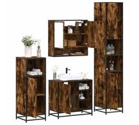 QUAHEAS Ensemble de 4 meubles de salle de bain en bois de chêne fumé, métal, meuble de salle de bain moderne, meuble sous lavabo, armoire à miroir, armoires de salle de bain, vanité avec puits