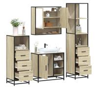 QUAHEAS Ensemble de 4 meubles de salle de bain en bois de chêne Sonoma, métal, armoire miroir de salle de bain, meuble sous-lavabo, armoires de salle de bain, design moderne, durable
