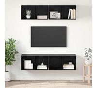 QUAHEAS Ensemble de 4 meubles TV aspect chêne noir 37 x 37 x 72 cm Montage mural avec espace de rangement, étagères et étagère pour salon, coin gaming et chambre à coucher