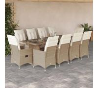 QUAHEAS Ensemble de Bistro de Jardin 11 pcs en Poly rotin Beige avec Coussins Amovibles, fauteuils inclinables et Table en Verre trempé pour terrasse, Balcon, Patio extérieur, résistant aux UV