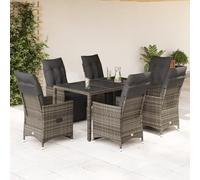 QUAHEAS Ensemble de Bistro de Jardin 7 pcs en résine tressée Gris avec Coussins Amovibles pour terrasse Balcon extérieur, Table en Verre trempé et fauteuils inclinables Confortables