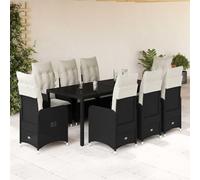 QUAHEAS Ensemble de Bistro de Jardin 9 pcs en rotin PE Noir avec Coussins Amovibles, Table en Verre trempé, fauteuils inclinables avec Repose-Pieds pour terrasse Balcon extérieur Patio Repas détente