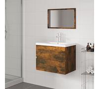 QUAHEAS Ensemble de meubles de salle de bain en bois de chêne fumé, meuble de lavabo de 60 cm, avec tiroir, miroir, lavabo en céramique, montage mural, résistant à l'humidité