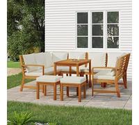 QUAHEAS Ensemble Salon Jardin 9 pcs en Bois d'acacia Massif avec Coussins Blanc crème, canapé Angle modulable, Table Basse, Banquette pour terrasse extérieur Patio Balcon