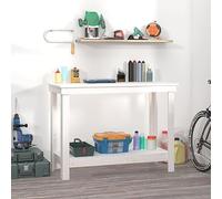 QUAHEAS Établi blanc en pin massif 110 x 50 x 80 cm avec espace de rangement, tiroir, étagère et paroi perforée pour atelier, garage, salle de loisirs, bricolage, système de rangement