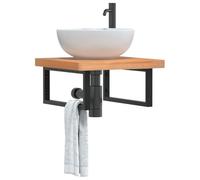 QUAHEAS Étagère de lavabo - Montage mural - Hêtre massif - 50 x 50 cm - Cadre en acier noir - Meuble de lavabo flottant pour salle de bain - Peu encombrante - Charge maximale : 100 kg