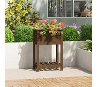 QUAHEAS Jardinière marron miel en bois de pin massif - 54 x 34,5 x 81 cm - Avec étagère - Pot de fleurs pour balcon, terrasse, intérieur et extérieur - Robuste avec drainage et soucoupe