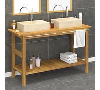 QUAHEAS Lavabo avec bac en marbre crème et teck massif 132 cm, double vasque, meuble de salle de bain avec barre pour serviettes, 2 lavabos
